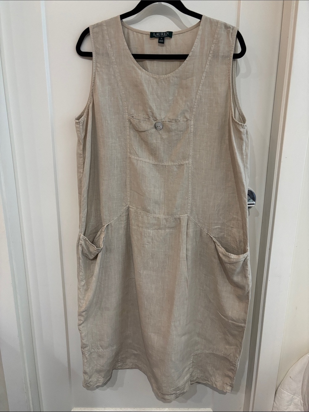 Lauren Ralph Lauren Sz 7 100% Linen Above the knee Dress Pockets Unlined Stain